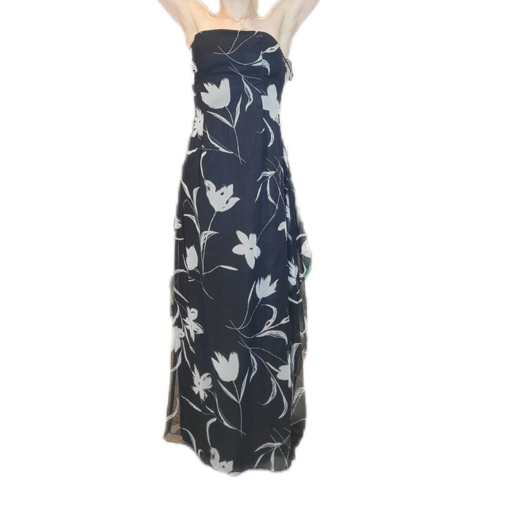 ⚜️Jessica McClintock y2k 2000s Black Floral Strapless Maxi Gown Dress Size 8⚜️